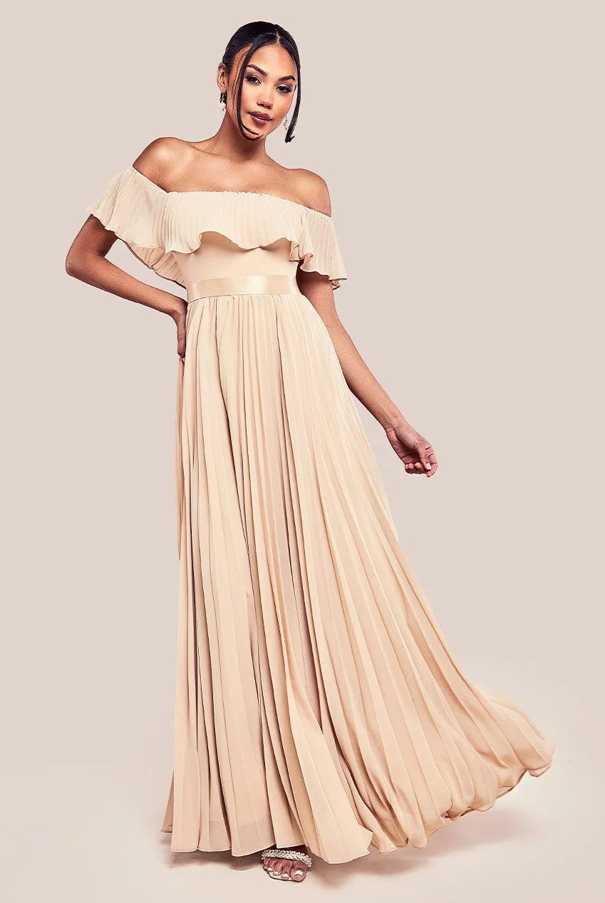 Pleated Chiffon Off Shoulder Maxi Dress - Beige by Goddiva sold by Goddiva
