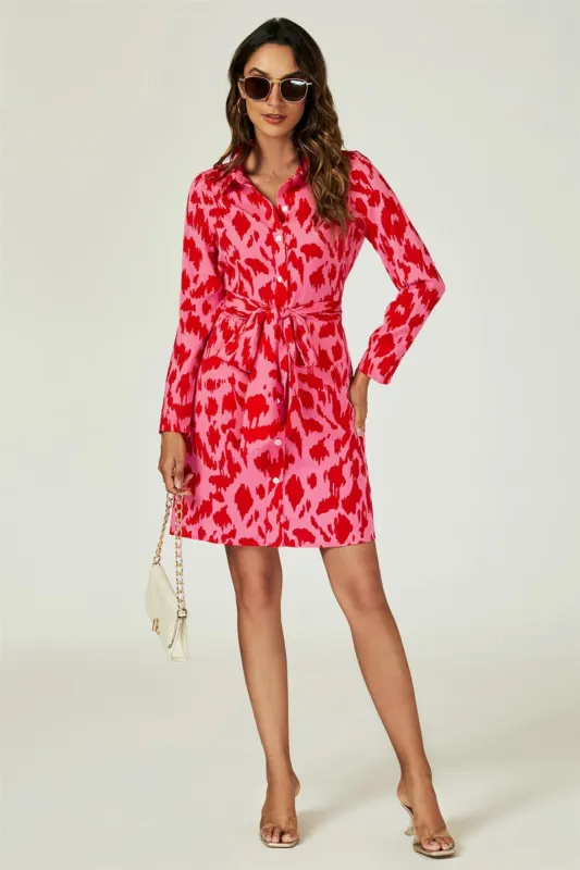 FS Collection Abstract Print Shirt Mini Wrap Dress In Pink sold by Goddiva