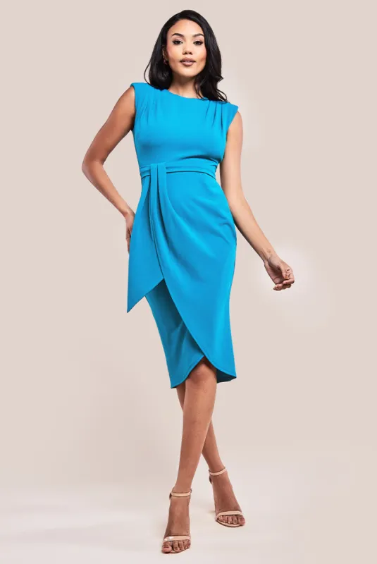 Sleeveless Asymmetric Wrap Midi Dress - Teal Blue by Goddiva sold by Goddiva