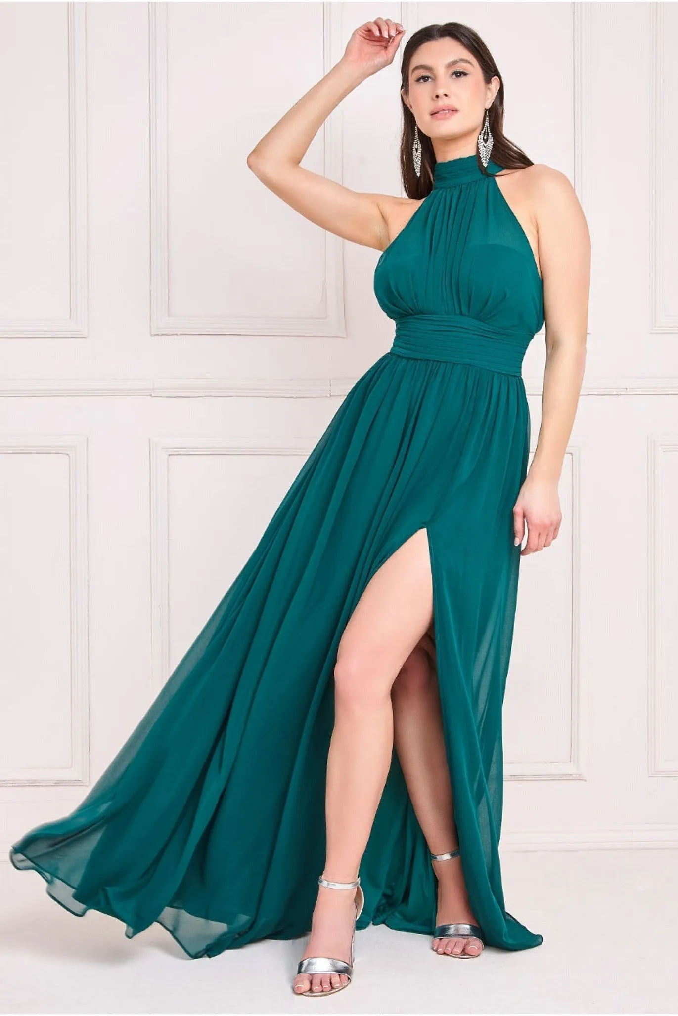 Goddiva Halterneck Chiffon Maxi With Thigh Split - Emerald sold by Goddiva
