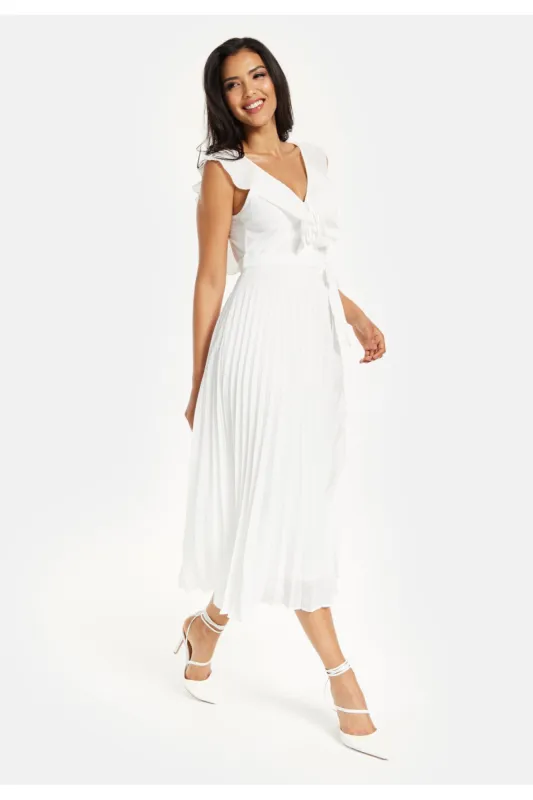 Liquorish Frilled V Neck Sleeveless Pleated Maxi Dress In White sold by Goddiva