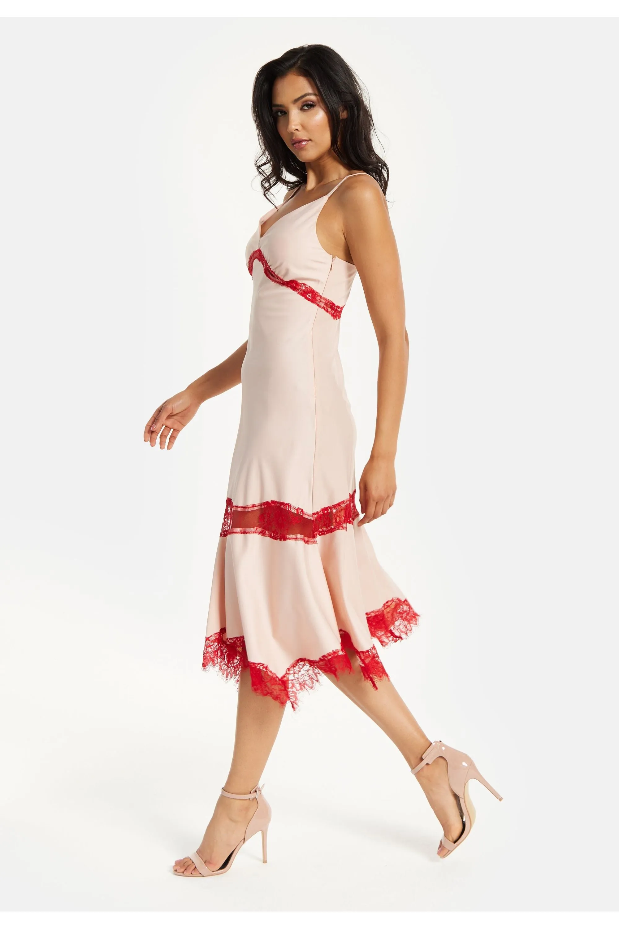 Elegant Pink Midi Dress With Lace Details by Liquorish sold by Goddiva product image thumbnail 4