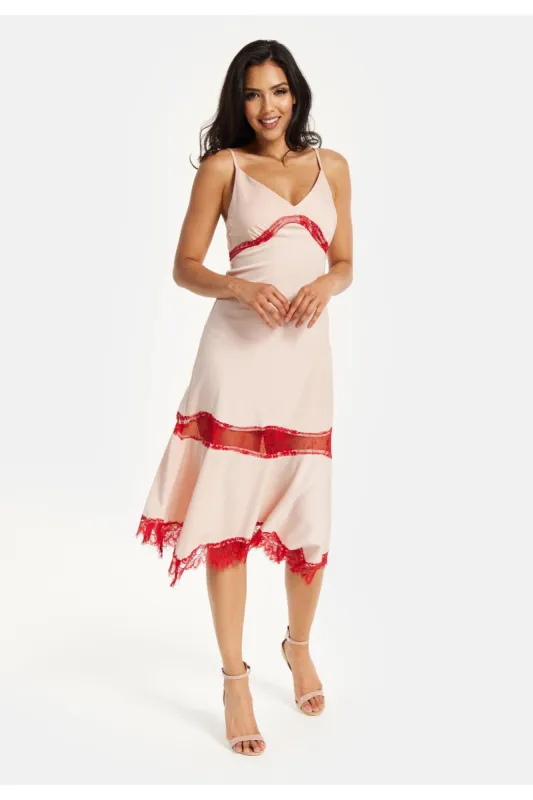 Elegant Pink Midi Dress With Lace Details by Liquorish sold by Goddiva