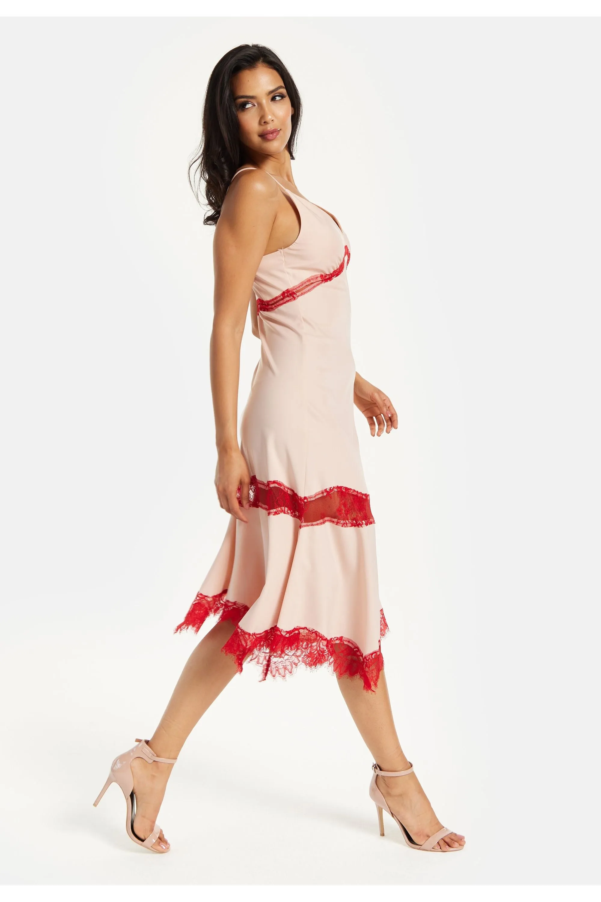Elegant Pink Midi Dress With Lace Details by Liquorish sold by Goddiva product image thumbnail 5