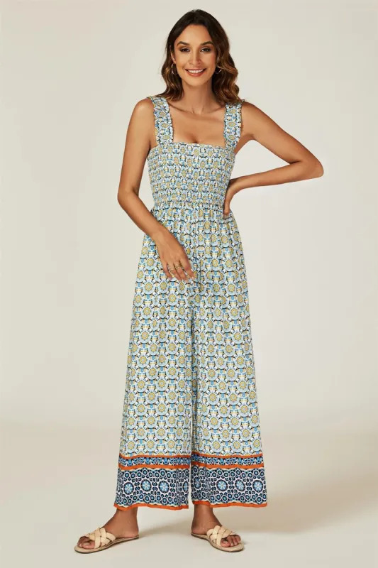FS Collection Geo Print Stretchy Smocked Wide Leg Jumpsuit In Blue sold by Goddiva