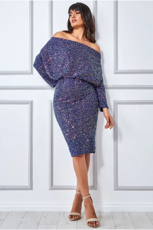 Sequin Cowl Neck Midi Dress - Royal Blue by Goddiva sold by Goddiva