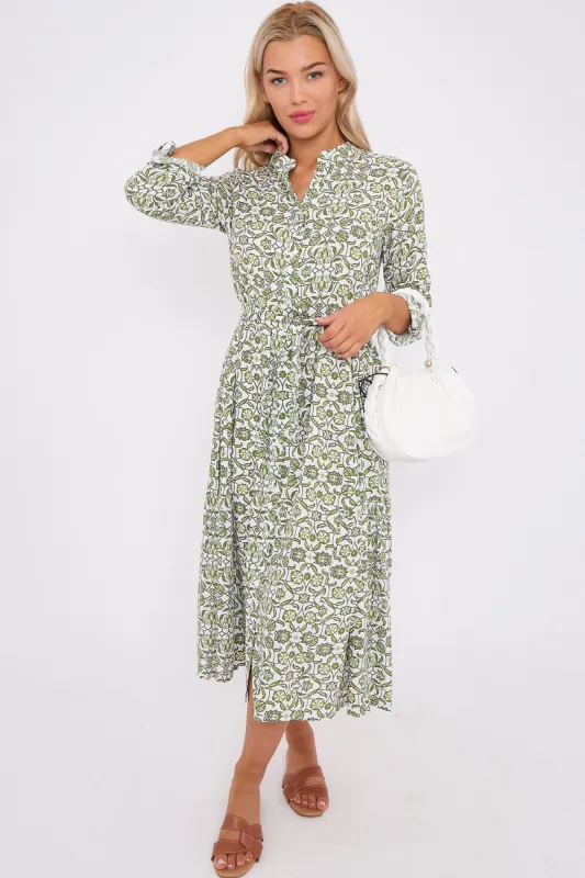 LOVE SUNSHINE Olive Pattern Print Long Sleeve Midi Dress sold by Goddiva