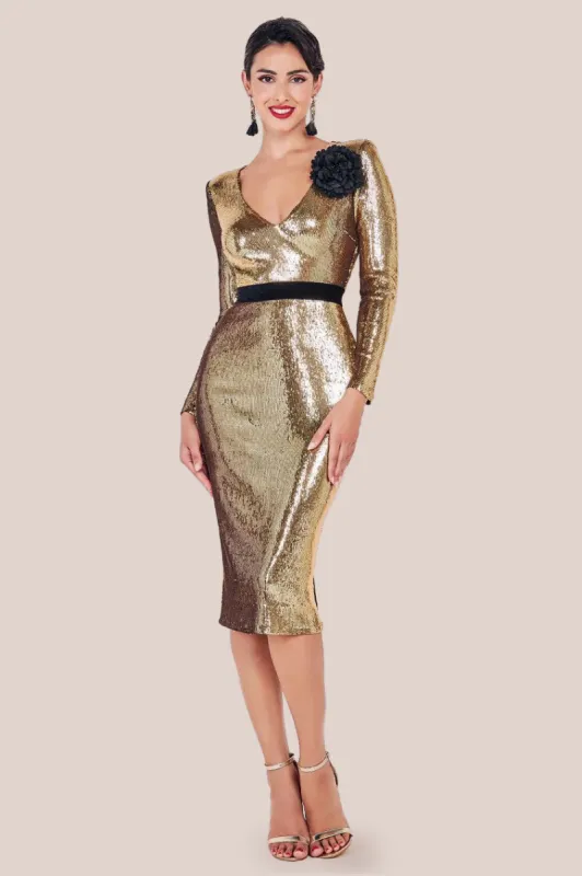 Liquid Sequin Midi With Corsage - Gold by Goddiva sold by Goddiva