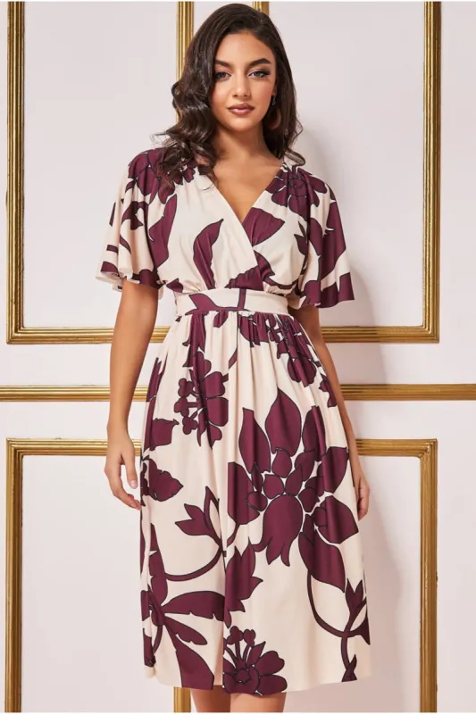 Leaf Print Flutter Sleeve Midi - Cream by Goddiva sold by Goddiva