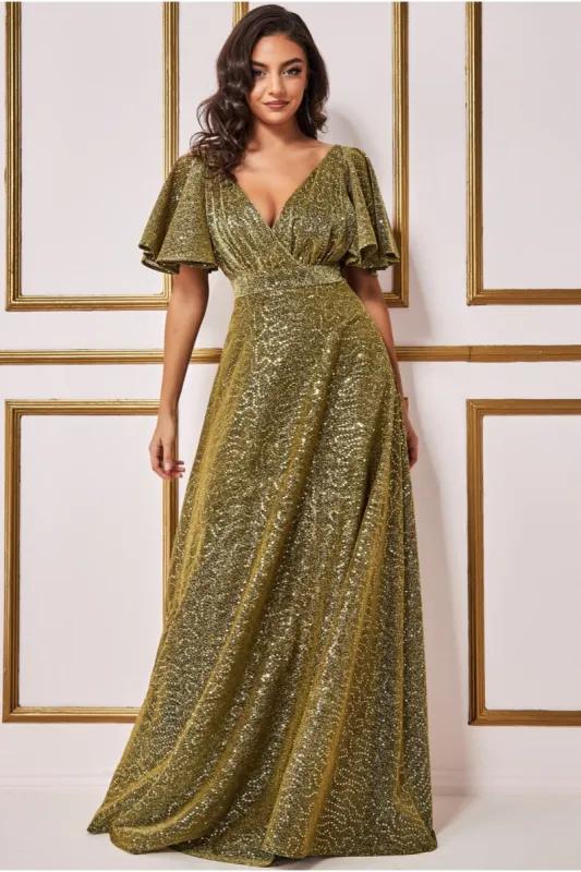 Sequin Lurex Flutter Sleeve Maxi Dress - Gold by Goddiva sold by Goddiva