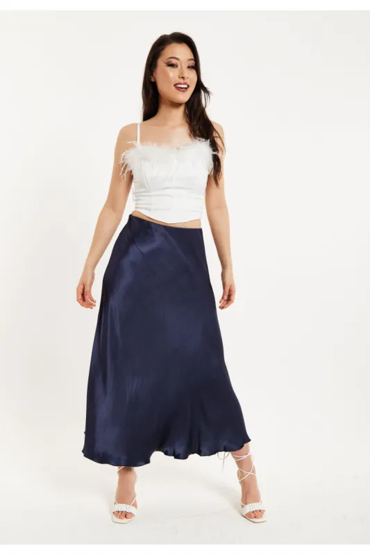 Bias Cut Navy Satin Skirt by Liquorish sold by Goddiva