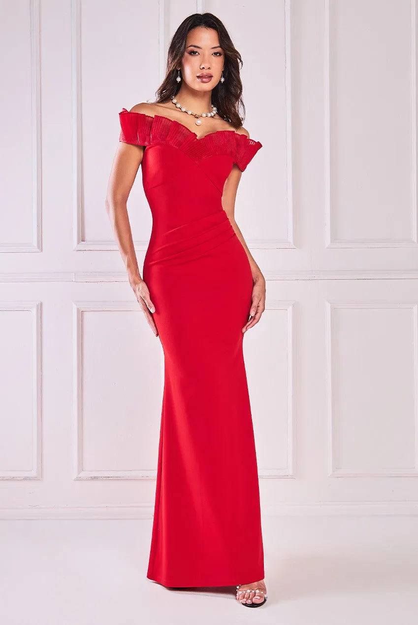 Fan Pleated Bardot Scuba Crepe Maxi - Red by Goddiva sold by Goddiva