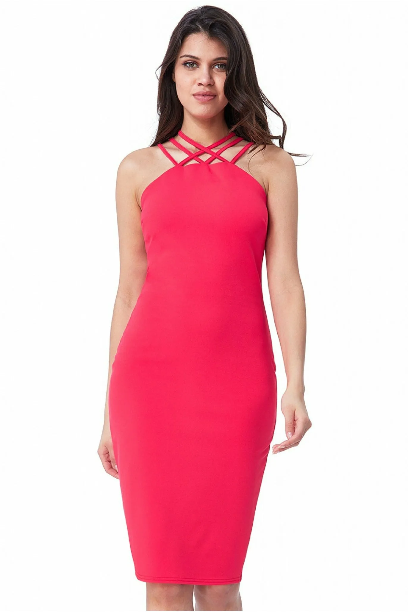 Criss Cross Strap Halter Neck Midi - Hot Pink by City Goddess sold by Goddiva