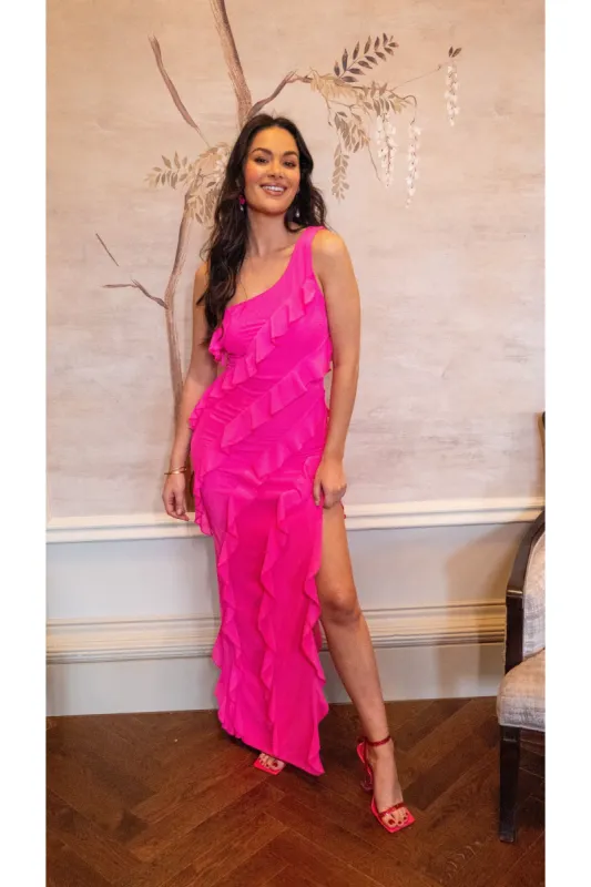 Liquorish Diagonal Ruffle One Shoulder Mesh Maxi Dress sold by Goddiva