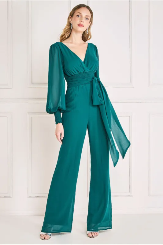 Goddiva Chiffon Puffy Sleeve Jumpsuit -  Emerald Green sold by Goddiva