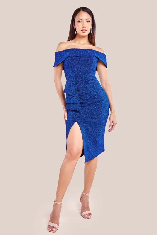 Sparkling Bardot Midi With Waterfall Ruffle - Royal Blue by Goddiva made by Goddiva