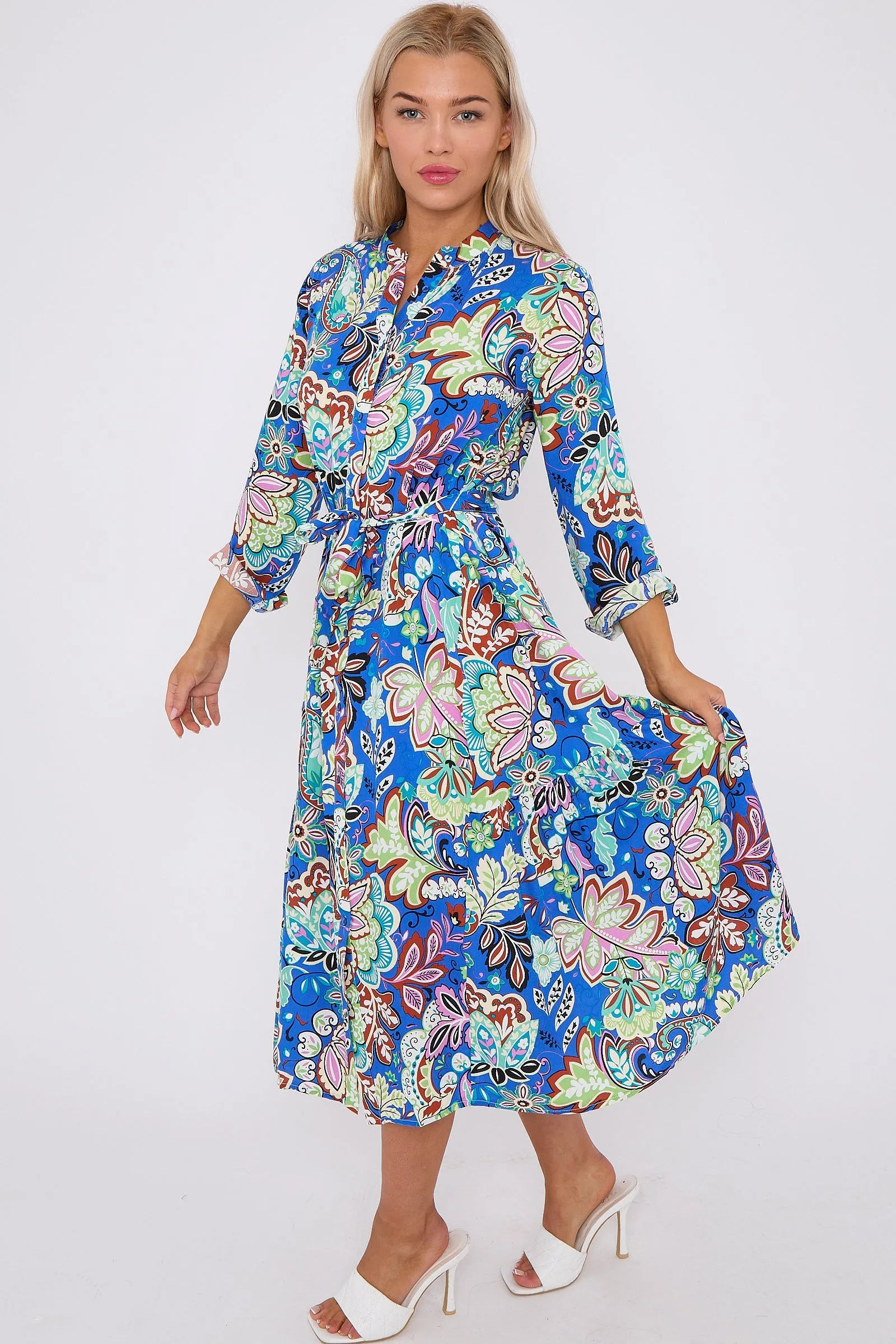 Blue Multi Floral Print Long Sleeve Midi Dress by LOVE SUNSHINE sold by Goddiva product image thumbnail 4