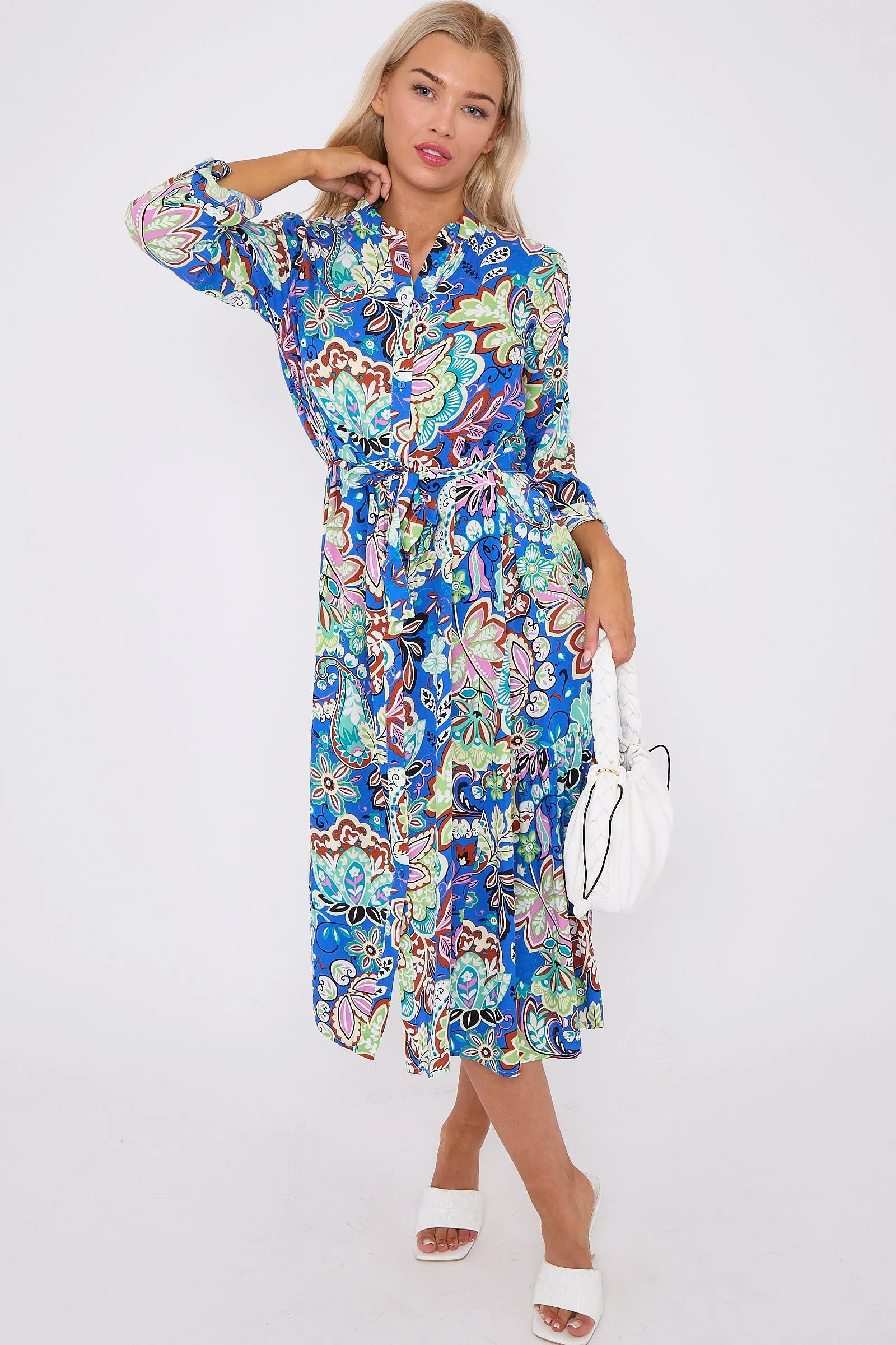Blue Multi Floral Print Long Sleeve Midi Dress by LOVE SUNSHINE sold by Goddiva
