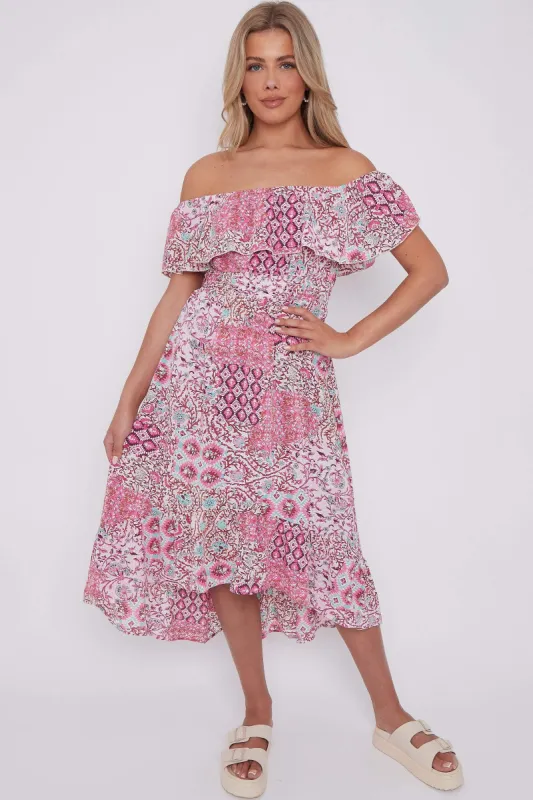 LOVE SUNSHINE Pink Floral Patch Print Bardot Midi Dress sold by Goddiva