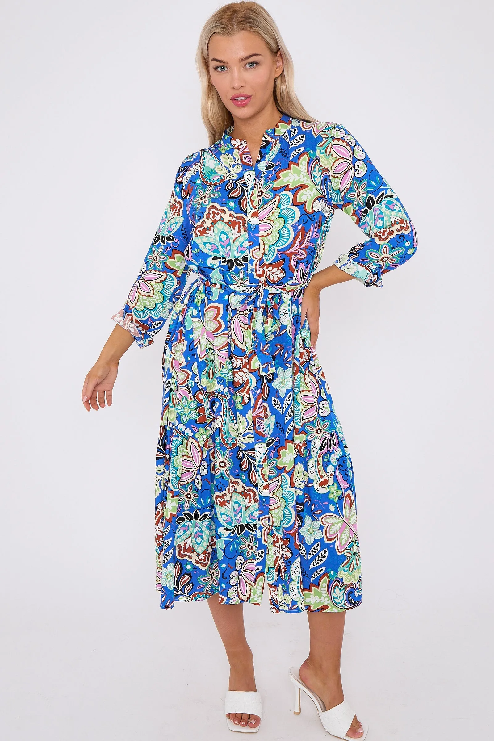 Blue Multi Floral Print Long Sleeve Midi Dress by LOVE SUNSHINE sold by Goddiva product image thumbnail 5
