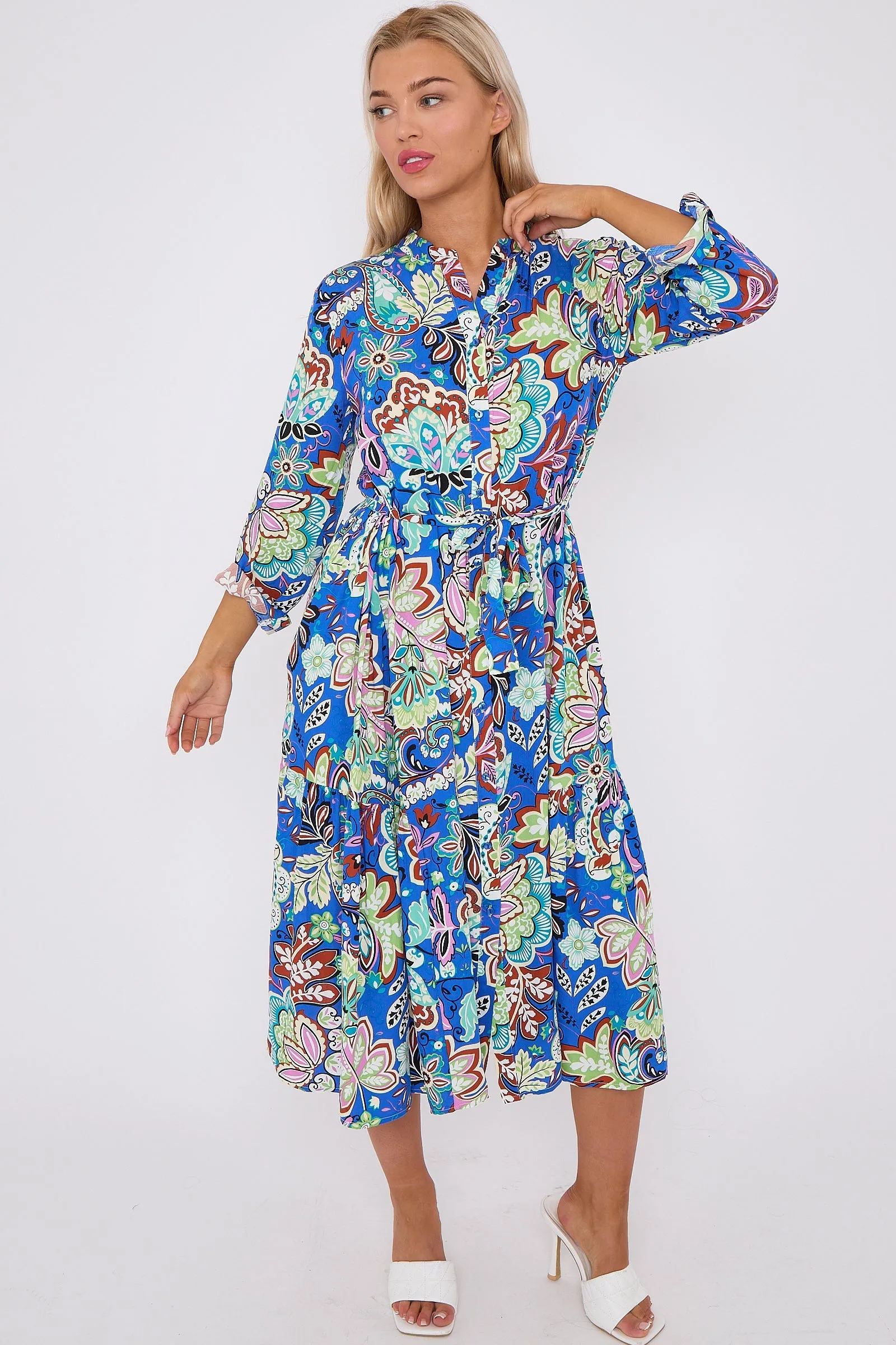 Blue Multi Floral Print Long Sleeve Midi Dress by LOVE SUNSHINE sold by Goddiva product image thumbnail 3