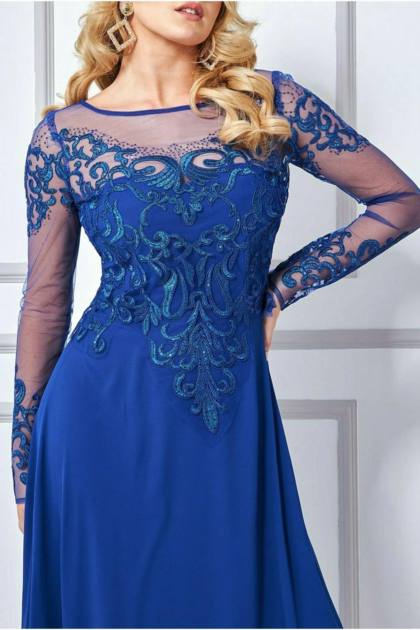 Mesh & Lace Embroidered Bodice Maxi - Royal Blue by Goddiva sold by Goddiva product image thumbnail 3