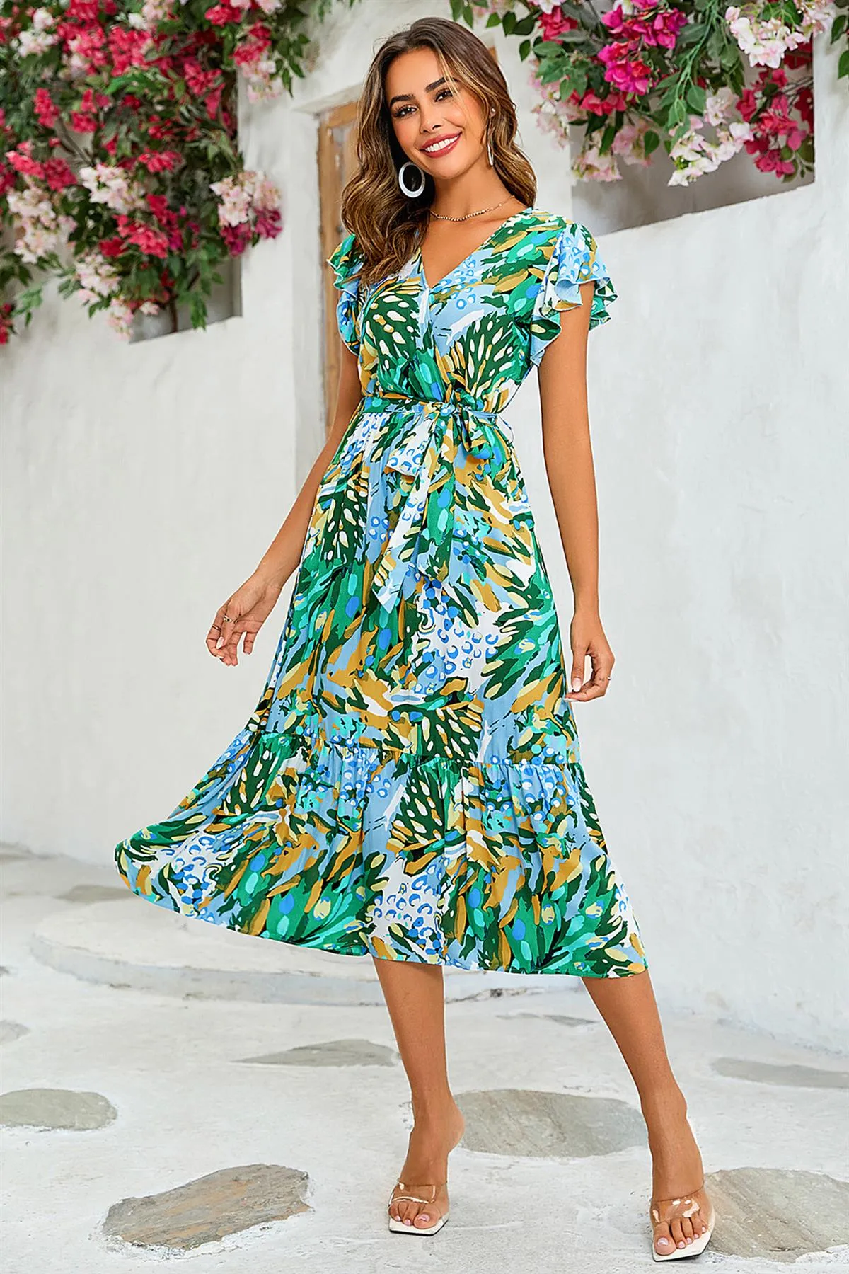 FS Collection Floral Print Wrap Dress In Yellow & Green sold by Goddiva product image thumbnail 4