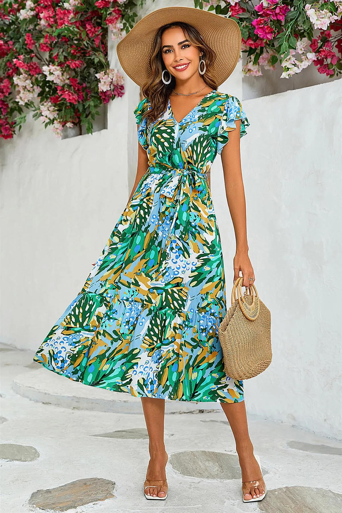 FS Collection Floral Print Wrap Dress In Yellow & Green sold by Goddiva