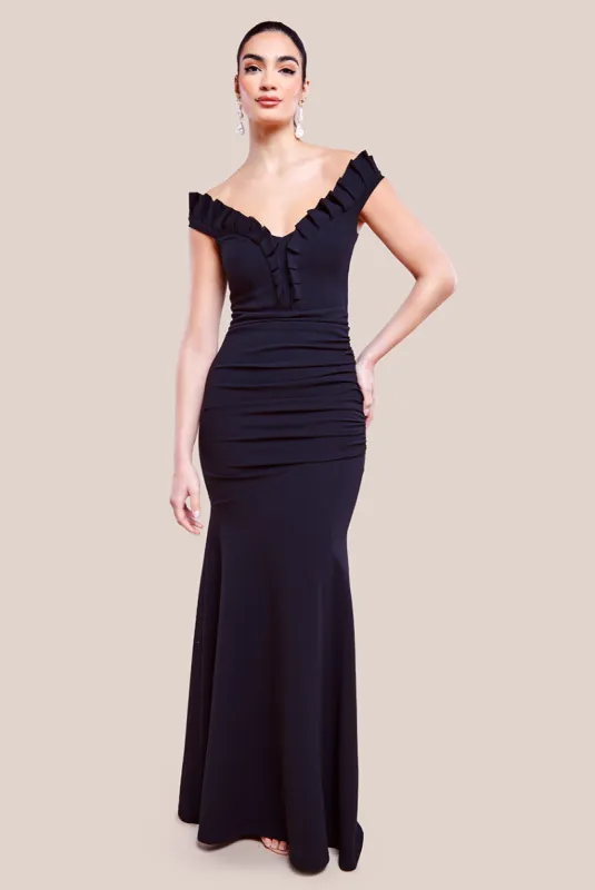 Goddiva Off The Shoulder Frill Gathered Maxi Dress - Black sold by Goddiva