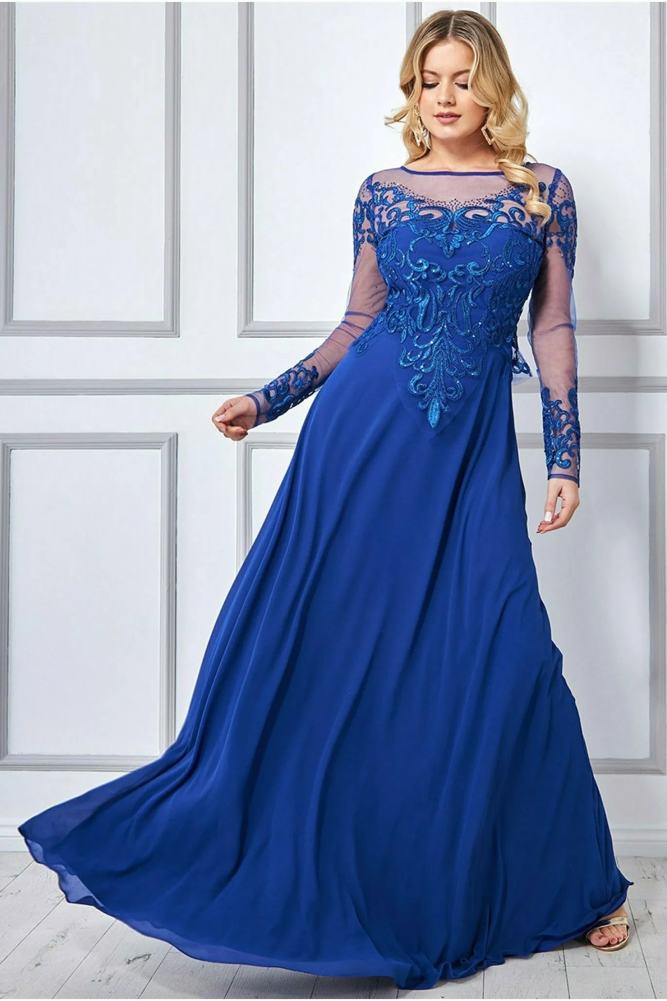 Mesh & Lace Embroidered Bodice Maxi - Royal Blue by Goddiva sold by Goddiva