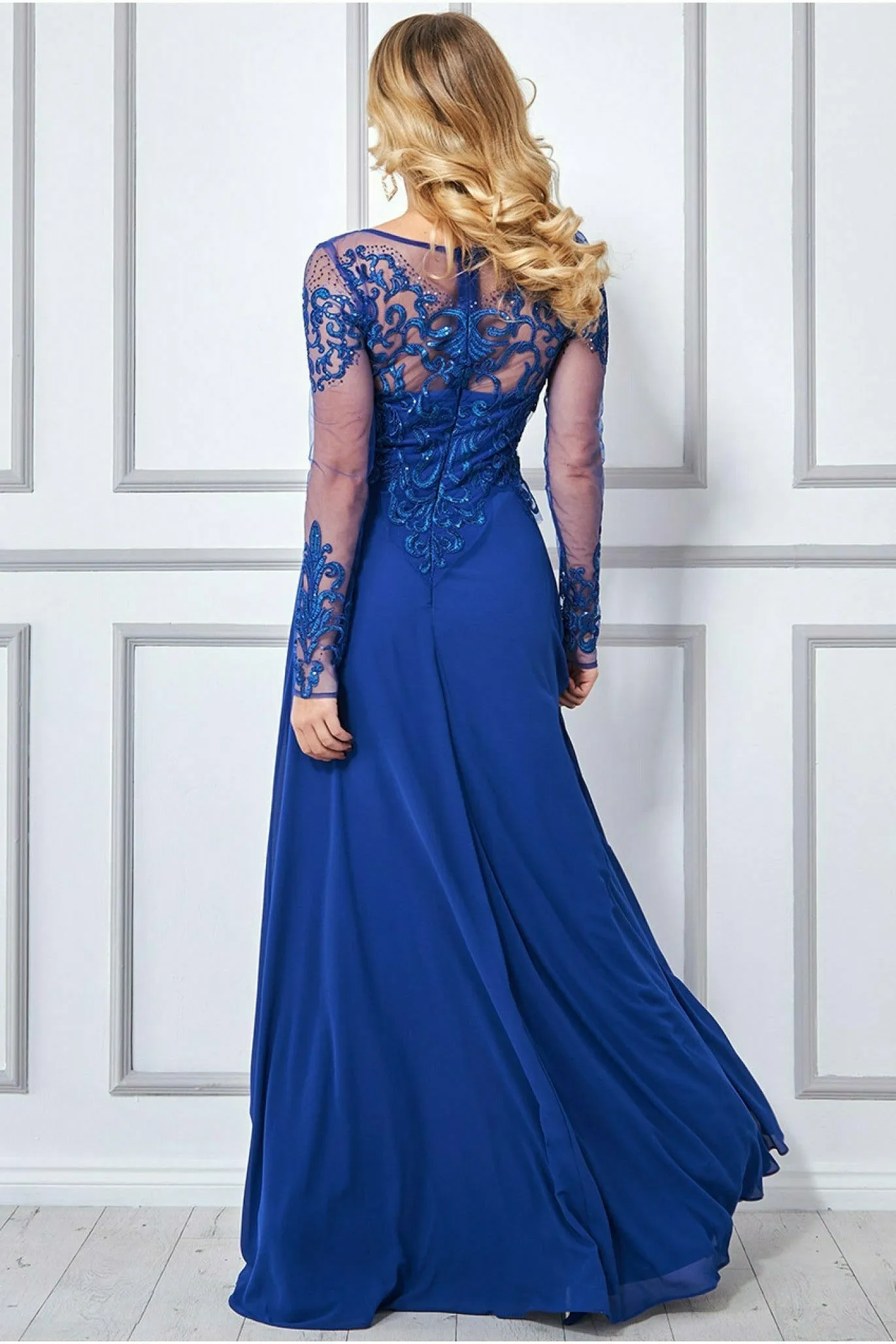 Mesh & Lace Embroidered Bodice Maxi - Royal Blue by Goddiva sold by Goddiva product image thumbnail 2