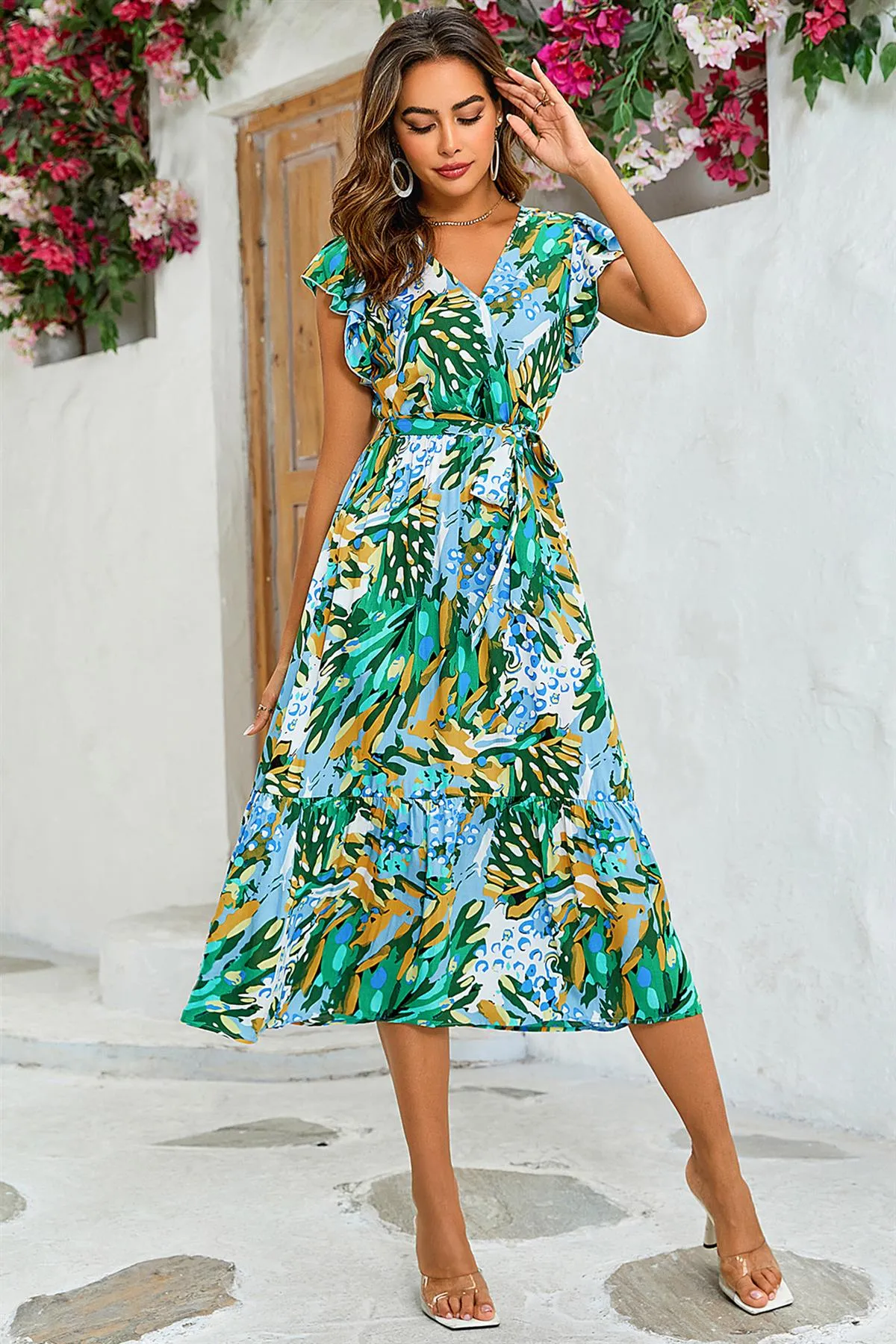 FS Collection Floral Print Wrap Dress In Yellow & Green sold by Goddiva product image thumbnail 3