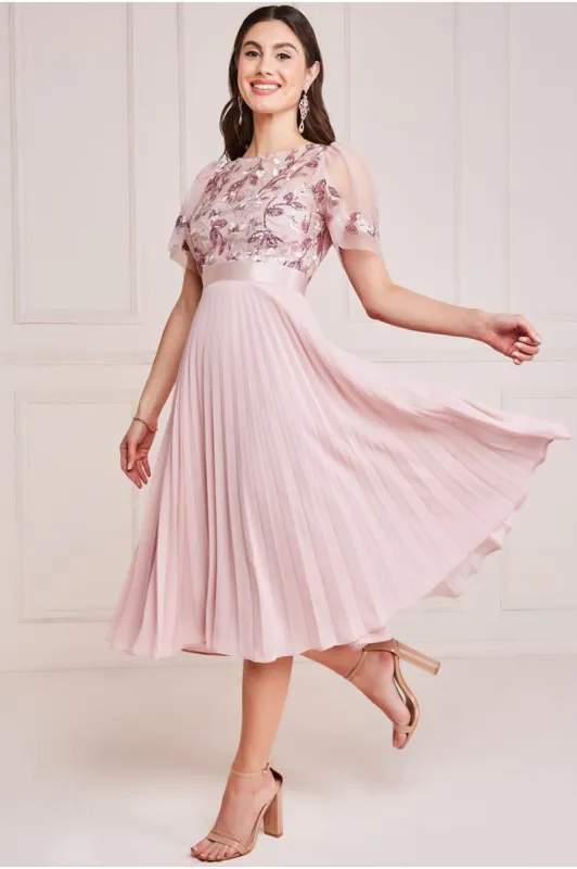 Embroidered Top Chiffon Pleated Midi - Blush Pink by Goddiva sold by Goddiva