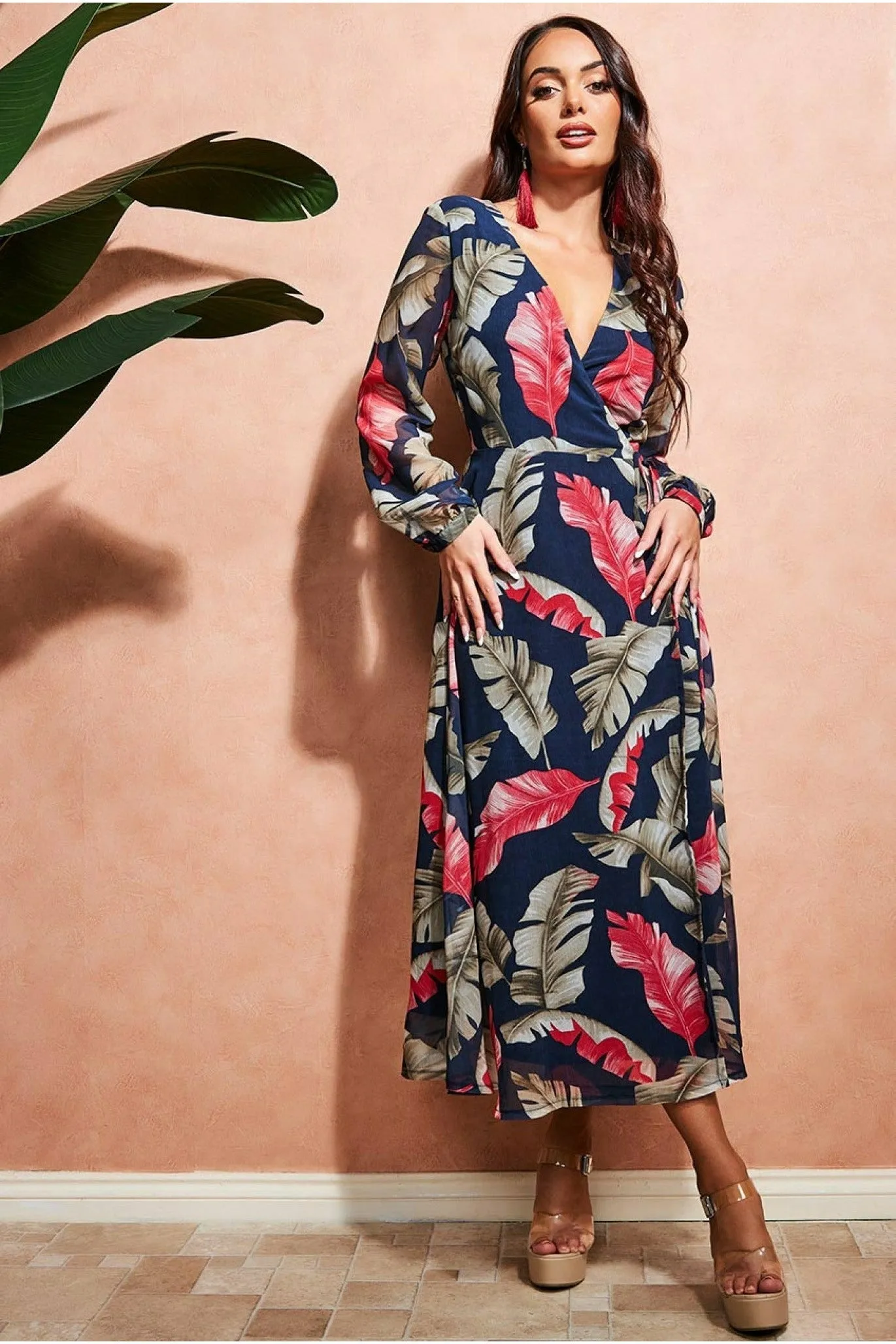 Printed Wrap Midi Dress - Navy by City Goddess sold by Goddiva