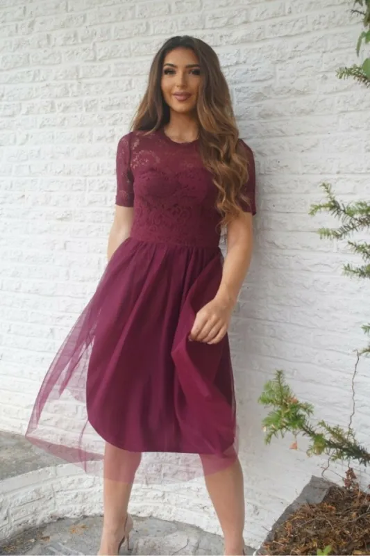 Double Second Red Lace Dress With Tulle Skirt sold by Goddiva