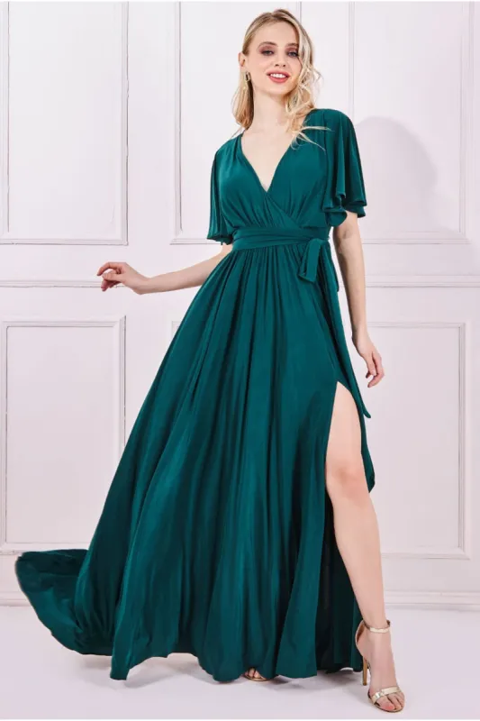 Goddiva Wrap Front Maxi With Flutter Sleeves - Emerald Green sold by Goddiva