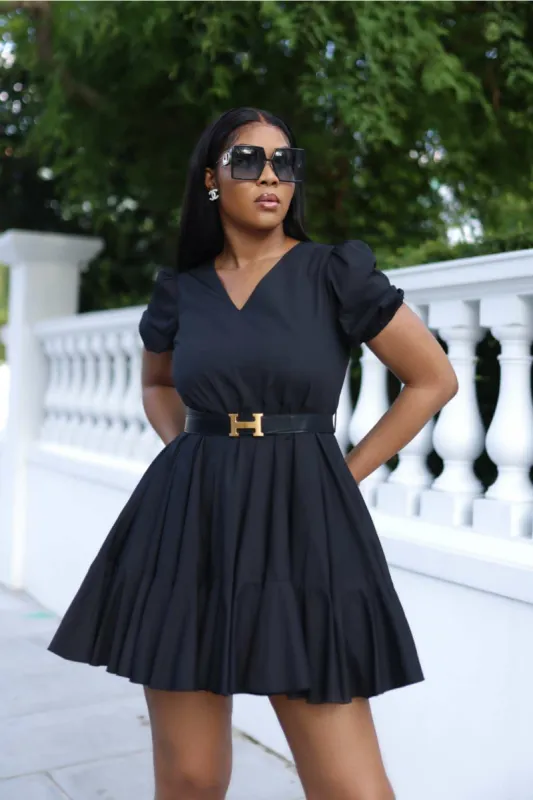 SETSOFRAN London Black Poplin Dress Gathered Hem sold by Goddiva