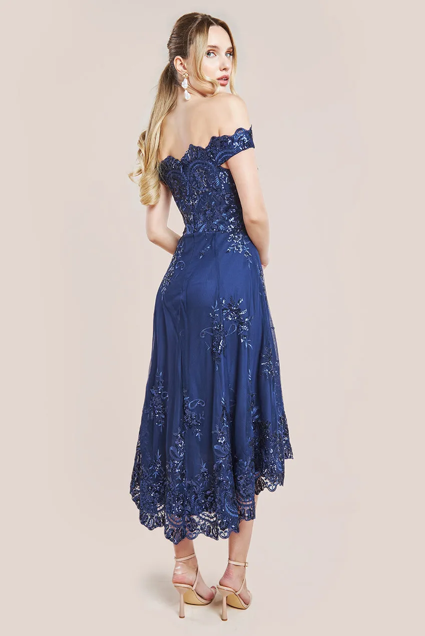Bardot Sequin & Lace High Low Midi - Navy by Goddiva sold by Goddiva product image thumbnail 2