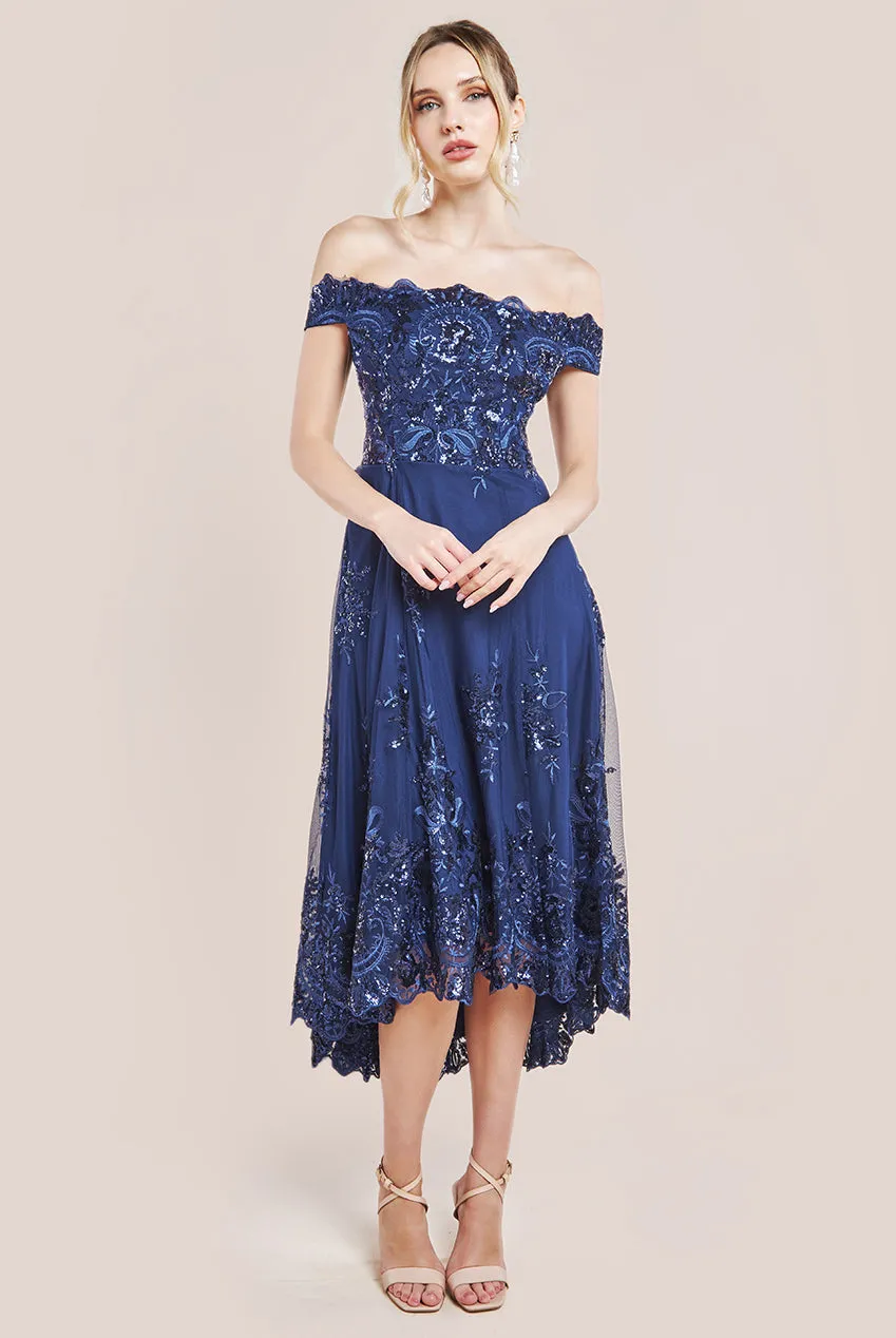 Bardot Sequin & Lace High Low Midi - Navy by Goddiva sold by Goddiva