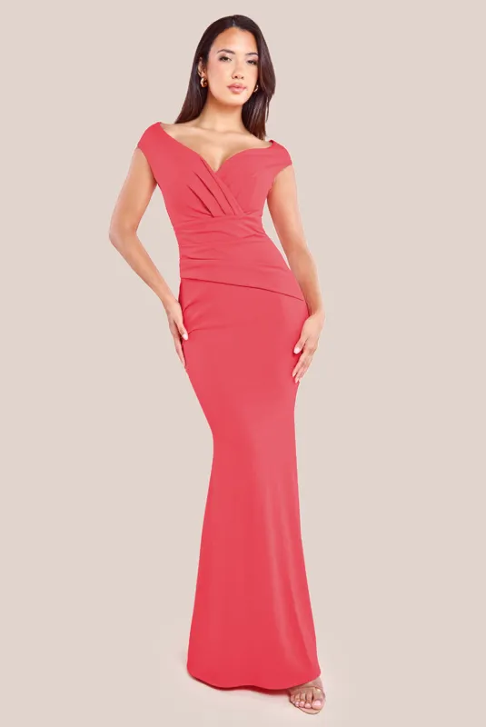 Bardot Pleated Maxi Dress - Coral by Goddiva sold by Goddiva