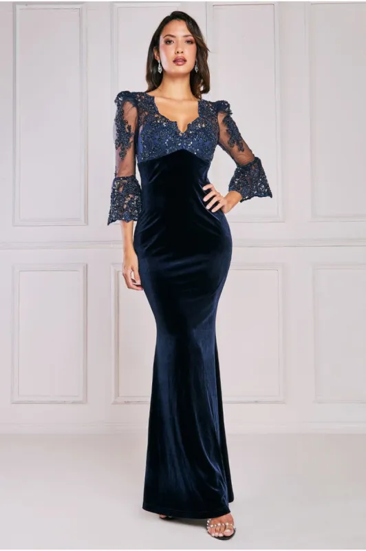 Scalloped Lace & Velvet Maxi Dress - Navy by Goddiva sold by Goddiva