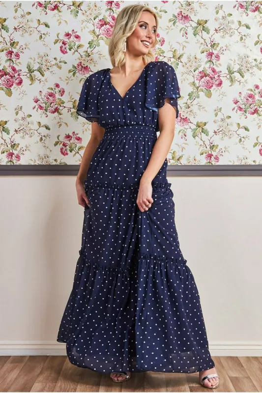 Goddiva Polka Dot Tiered Chiffon Maxi Dress - Navy sold by Goddiva