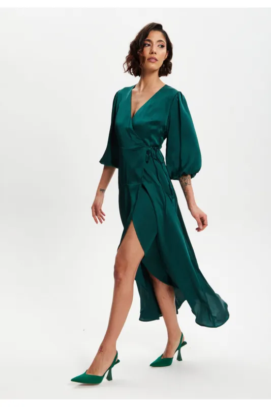 Dark Green Midi Wrap Dress With Short Puff Sleeves by Liquorish sold by Goddiva