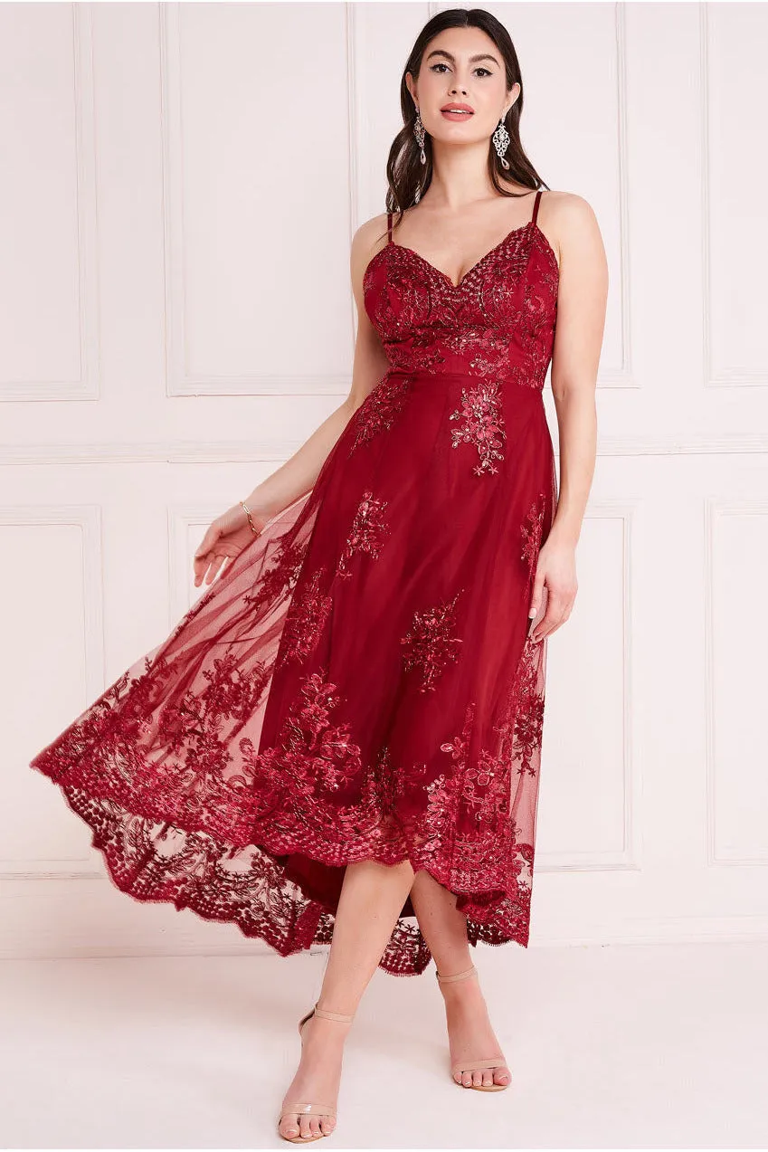 Goddiva High Low Scalloped Midi Dress - Burgundy sold by Goddiva