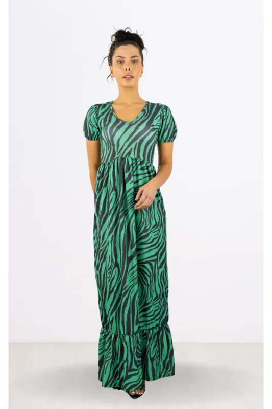 Signage Black Zebra Print Round Neck Maxi Dress sold by Goddiva