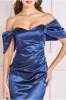 Off Shoulder Satin Maxi With V Neck - Navy by Goddiva sold by Goddiva