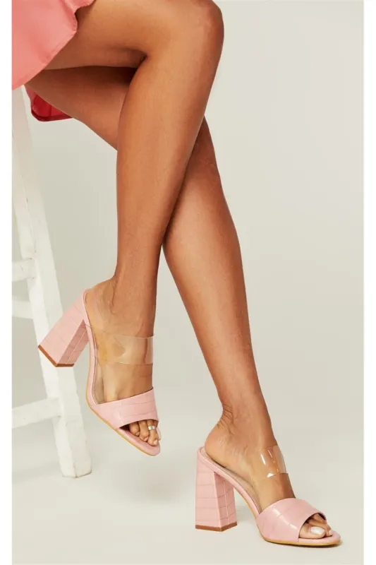 FS Collection Pink Croc Embossed Upper Block Heel Mule Sandals sold by Goddiva