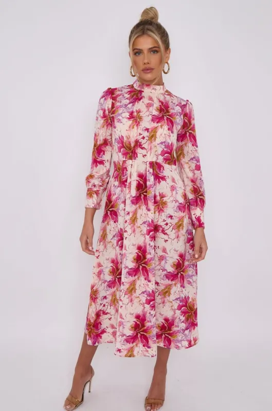 LOVE SUNSHINE Pink Floral Print Pleated Skirt High Neck Midi Dress sold by Goddiva