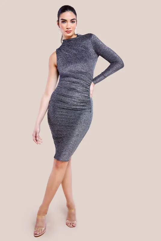 Open Back One Sleeve Lurex Midi - Silver by Goddiva sold by Goddiva
