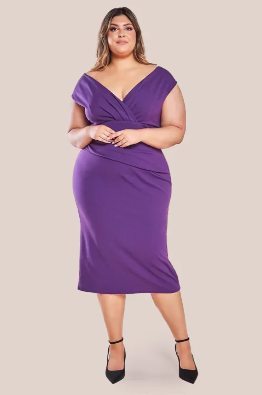 Scuba Bardot Pleated Midi Dress - Purple by Goddiva Plus sold by Goddiva